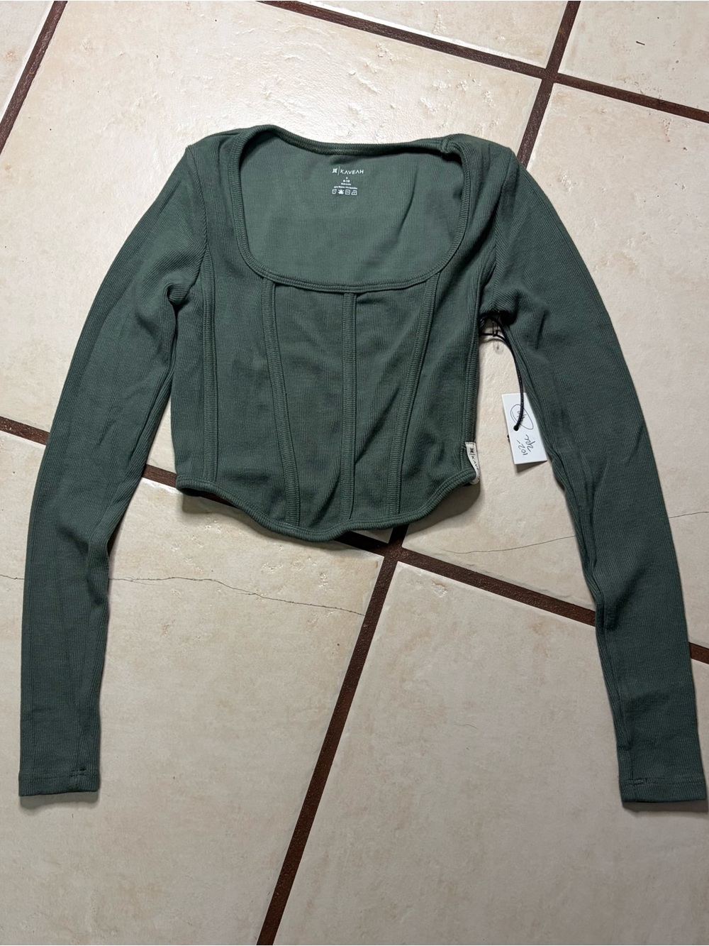 Kaveah Square-Neck Olive Cropped Long-Sleeve Top